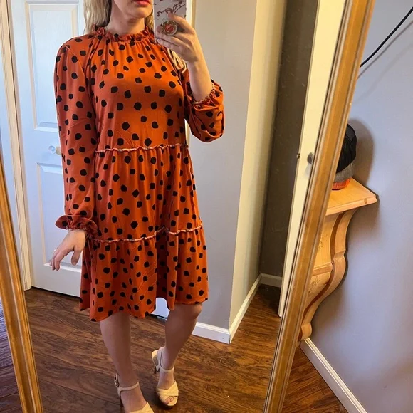 orange dress with black polka dots Polka Dot Midi Dress